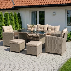 SET MOBILIER DE LUAT MASA, GRADINA/TERASA, COLORADO, ARTIM MEBLE, DIN METAL, TECHNORATAN SI STICLA, CULOARE BEJ