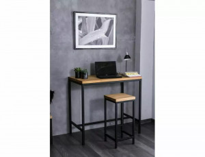 STOC!!! MASA DE BAR METRO, 110 CM, STEJAR/NEGRU, BLAT DIN FURNIR NATURAL SI PICIOARE DIN METAL, STIL MODERN - Img 5