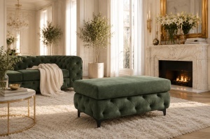 TABURET CHESTERFIELD 95CM, DIN LEMN SI TEXTIL CATIFEA, CULOARE VERDE, INVICTA INTERIOR - Img 9