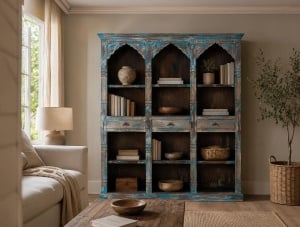 BIBLIOTECA OLEANDER 170CM, REALIZATA DIN LEMN DE MANGO SI METAL, CULOARE ALBASTRU ANTICHIZAT, GINER Y COLOMER