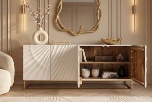 BUFET LIVING DEOSEBIT, SCORPION 180CM, MODEL 3D, REALIZAT DIN LEMN DE MANGO SI METAL, CULOARE ALB/AURIU, INVICTA INTERIOR - Img 6