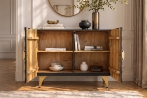 BUFET LIVING GOLDEN SUNSET 100CM, MODEL 3D, REALIZAT DIN LEMN DE MANGO SI PICIOARE DIN METAL, CULOARE NEGRU/AURIU - Img 5