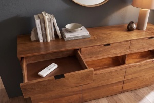 BUFET LIVING GRAND MANGO 180CM, REALIZAT DIN LEMN DE MANGO, LED CU TELECOMANDA, CULOARE NATUR/MARO - Img 5