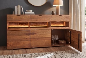 BUFET LIVING GRAND MANGO 180CM, REALIZAT DIN LEMN DE MANGO, LED CU TELECOMANDA, CULOARE NATUR/MARO - Img 15