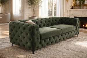 CANAPEA ELEGANTA CHESTERFIELD 235CM, DIN LEMN SI TEXTIL CATIFEA, CULOARE VERDE INCHIS, INVICTA INTERIOR - Img 6