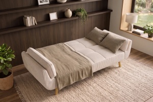 CANAPEA EXTENSIBILA BOUTIQUE 215CM, 3 LOCURI, REALIZAT DIN LEMN SI CATIFEA RAIAT, CULOARE BEJ - Img 4