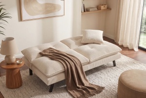 CANAPEA EXTENSIBILA COCO 190CM, 3 LOCURI, REALIZATA DIN LEMN SI CATIFEA RAIATA, DE CULOARE BEJ, ARTIM GROUP - Img 5