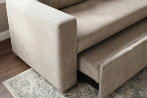 CANAPEA EXTENSIBILA DE APARTAMENT, SMART 140CM, 2 LOCURI, DIN LEMN SI MATERIAL CATIFEA, CULOARE BEJ, INVICTA INTERIOR - Img 2