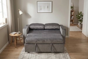 CANAPEA EXTENSIBILA DE APARTAMENT, SMART 140CM, 2 LOCURI, DIN LEMN SI MATERIAL CATIFEA, CULOARE GRI, INVICTA INTERIOR - Img 6