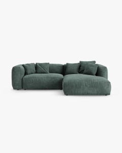 COLTAR CU 2 LOCURI, MARTINA, PE DREAPTA, 280 CM, VERDE MUSCHI, TAPITAT CU TAPITERIE DIN TEXTIL CATIFEA VOGUE, MICADONI