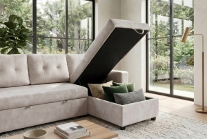 COLTAR CU SPATIU DE DEPOZITARE, APARTMENT 205CM, 3 LOCURI, REALIZAT DIN MATERIAL CATIFEA, DE CULOARE BEJ, ARTIM GROUP - Img 9