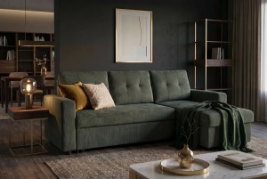 COLTAR CU SPATIU DE DEPOZITARE, APARTMENT 205CM, 3 LOCURI, REALIZAT DIN MATERIAL CATIFEA RAIAT, DE CULOARE VERDE, ARTIM GROUP
