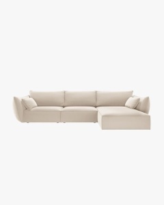 COLTAR KAELLE, 308 CM, CU 4 LOCURI, PE DREAPTA, BEJ DESCHIS, CU TAPITERIE DIN TEXTIL CATIFEA BLUVEL, MICADONI