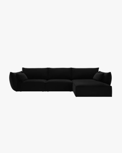COLTAR KAELLE, 308 CM, CU 4 LOCURI, PE DREAPTA, NEGRU, CU TAPITERIE DIN TEXTIL CATIFEA BLUVEL, MICADONI