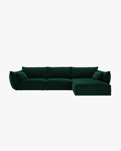 COLTAR KAELLE, 308 CM, CU 4 LOCURI, PE DREAPTA, VERDE SMARALD, CU TAPITERIE DIN TEXTIL CATIFEA BLUVEL, MICADONI