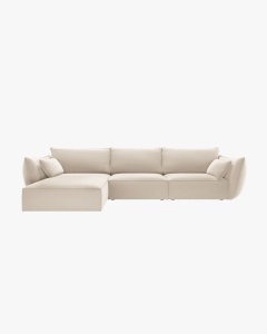 COLTAR KAELLE, 308 CM, CU 4 LOCURI, PE STANGA, BEJ DESCHIS, CU TAPITERIE DIN TEXTIL CATIFEA BLUVEL, MICADONI