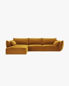 COLTAR KAELLE, 308 CM, CU 4 LOCURI, PE STANGA, GALBEN, CU TAPITERIE DIN TEXTIL CATIFEA BLUVEL, MICADONI