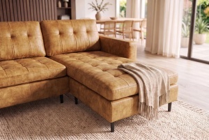 COLTAR MODERN STOCKHOLM 220CM, 3 LOCURI, CU SEZLONG, REALIZAT DIN TEXTIL FOARTE FIN- CATIFEA, CULOARE GALBEN MUSTAR - Img 2