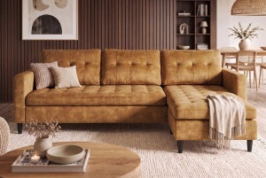 COLTAR MODERN STOCKHOLM 220CM, 3 LOCURI, CU SEZLONG, REALIZAT DIN TEXTIL FOARTE FIN- CATIFEA, CULOARE GALBEN MUSTAR - Img 12