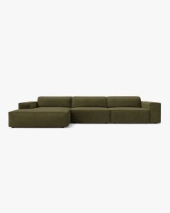 COLTAR PE STANGA JODIE, CU 4 LOCURI, 284X162 CM, ADANCIME SCAUN 62 CM, VERDE, TAPITAT CU TAPITERIE DIN TEXTIL CATIFEA BLUVEL, MICADONI