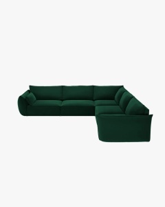 COLTAR SPATIOS SI CONFORTABIL KAELLE, 286 CM, CU 7 LOCURI, VERDE SMARALD, CU TAPITERIE DIN TEXTIL CATIFEA BLUVEL, MICADONI