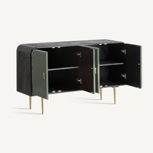 COMODA LIVING ROBERTIE 152CM, REALIZATA DIN LEMN DE MANGO SI MDF, CULOARE VERDE LUCIOS/NEGRU/AURIU, REALIZATA MANUAL - Img 2