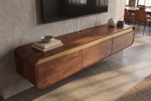 COMODA LIVING TV 160CM, REALIZATA DIN LEMN DE MANGO, DETALII AURII, CULOARE MARO/AURIU - Img 2
