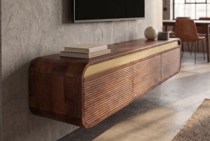 COMODA LIVING TV 160CM, REALIZATA DIN LEMN DE MANGO, DETALII AURII, CULOARE MARO/AURIU - Img 12