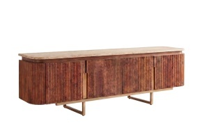 COMODA TV GATSBY 160CM, STIL RETRO, REALIZATA DIN LEMN MASIV DE MANGO SI TRAVERTIN, CULOARE MARO/AURIU, INVICTA INTERIOR - Img 8