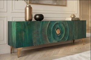 COMODA TV GOLDEN SUNSET 180CM, REALIZAT DIN LEMN DE MANGO, DE CULOARE TURCOAZ, MODEL 3D, ARTIM GROUP - Img 6
