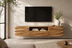 COMODA TV RELIEF 200CM, REALIZATA DIN LEMN MASIV DE SALCAM, MONTAJ PE PERETE, CULOARE NATUR, INVICTA INTERIOR - Img 10