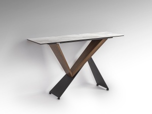 CONSOLA NOA 130CM, REALIZATA DIN METAL, LEMN, MDF SI STICLA, FINISAJ MARMURA, STIL MODERN
