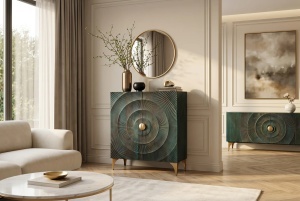 DULAP LIVING GOLDEN SUNSET 120CM, REALIZAT DIN LEMN DE MANGO, DE CULOARE TURCOAZ/MULTICOLOR, MODEL 3D, ARTIM GROUP
