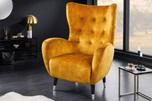 FOTOLIU, DON, COD 42640, DIN LEMN MASIV SI CATIFEA GALBEN MUSTAR, DESIGN MODERN - Img 1
