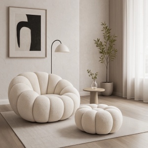 FOTOLIU ROTATIV CU POUF, ARTIM MEBLE, REALIZAT DIN MATERIAL TEXTIL BOUCLE CREM, STIL MODERN