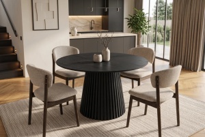 MASA DE DINING ROTUNDA VALHALLA 120CM, REALIZAT DIN LEMN DE STEJAR SI BLATUL DIN MDF SI FURNIR STEJAR, CULOARE NEAGRA - Img 2
