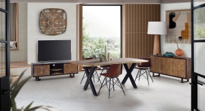 MASA DE DINING VELIA 240CM, REALIZATA DIN LEMN DE SALCAM SI METAL, CULOARE NATUR/NEGRU, GINER Y COLOMER