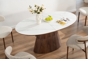 Masă de sufragerie QNIQUE, extensibilă de la 160 la 200 cm, aspect lemn de nuc închis, blat din marmură ceramică albă - Img 7