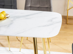 MASA DINING CERES, 140 CM, EFECT DE MARMURA ALBA/AURIU, BLAT DIN MDF, STICLA SECURIZATA SI PICIOARE DIN METAL, STIL MODERN - Img 8