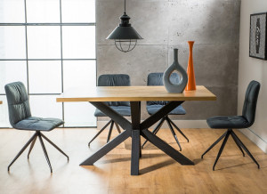 MASA DINING CROSS, 150 CM, STEJAR/NEGRU, BLAT DIN FURNIR NATURAL SI PICIOARE DIN METAL, STIL MODERN