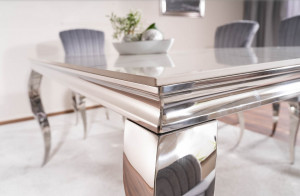 MASA DINING EFECT DE MARMURA ALBA/CROM, 180 CM, BLAT DIN CERAMICA SI METAL, STIL MODERN - Img 4