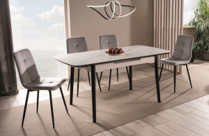 MASA DINING EXTENSIBILA,, 120/160 CM, EFECT DE MARMURA ALBA/NEGRU, BLAT DIN CERAMICA SI PICIOARE DIN LEMN, STIL MODERN