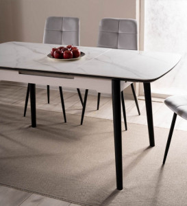 MASA DINING EXTENSIBILA,, 120/160 CM, EFECT DE MARMURA ALBA/NEGRU, BLAT DIN CERAMICA SI PICIOARE DIN LEMN, STIL MODERN - Img 4