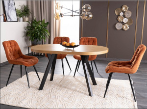 MASA DINING EXTENSIBILA, 140/272 CM, STEJAR/NEGRU, BLAT DIN FURNIR NATURAL SI PICIOARE DIN METAL, STIL MODERN - Img 2