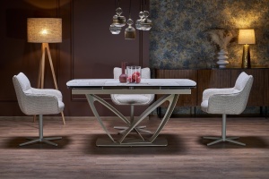 MASA DINING EXTENSIBILA BENJAMIN 160/240 CM, CULOARE BEJ/ CASMIR, BLAT DIN STICLA, CERAMICA SI PICIOARE DIN METAL, STIL MODERN - Img 8