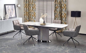 MASA DINING EXTENSIBILA DANCAN, CU EFECT DE MARMURA ALBA/GRI/NEGRU, 160/220 CM, DIN CERAMICA SI METAL, STIL MODERN - Img 1