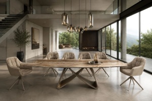 MASA DINING EXTENSIBILA INFINITY 180-220-260CM, REALIZATA DIN METAL SI BLAT DIN STICLA SI CERAMICA, CULOARE MARO/SAMPANIE - Img 5