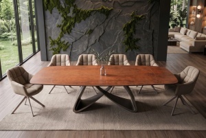 MASA DINING EXTENSIBILA INFINITY 180-220-260CM, REALIZATA DIN METAL SI BLAT DIN STICLA SI CERAMICA, CULOARE MARO RUGINIU/SAMPANIE - Img 8