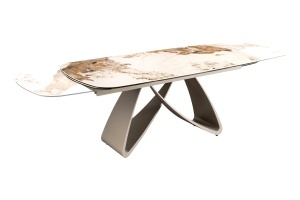 MASA DINING EXTENSIBILA INFINITY 180-220-260CM, REALIZATA DIN METAL SI BLAT DIN STICLA SI CERAMICA, CULOARE MARMURA/SAMPANIE