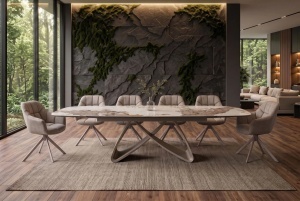MASA DINING EXTENSIBILA INFINITY 180-220-260CM, REALIZATA DIN METAL SI BLAT DIN STICLA SI CERAMICA, CULOARE MARMURA/SAMPANIE - Img 11